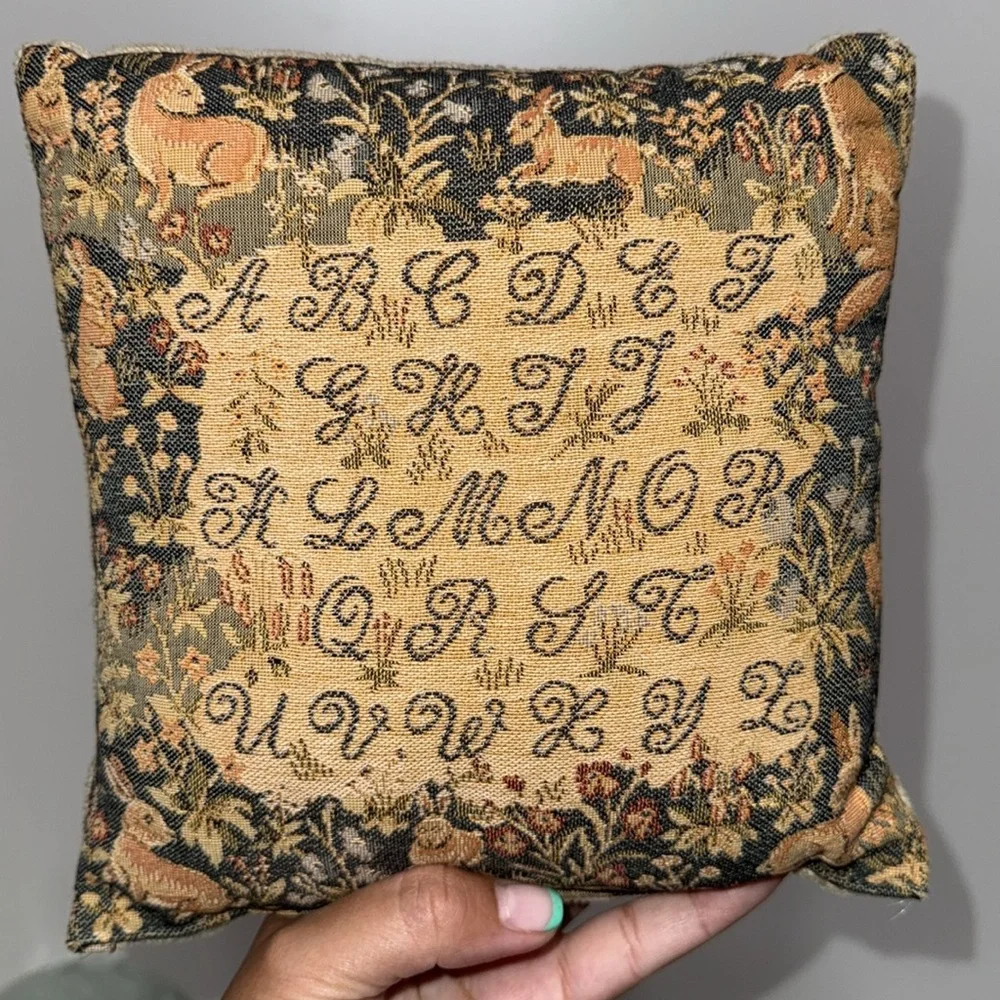Vintage Tapestry Alphabet Fox and Rabbits Pillow